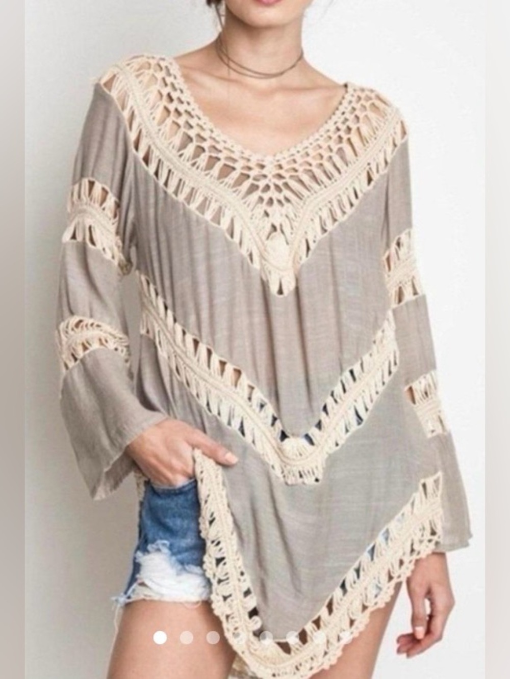 NWT Boho Boutique Tunic Blouse Open Knit Crochet V-Neck Cotton Blend